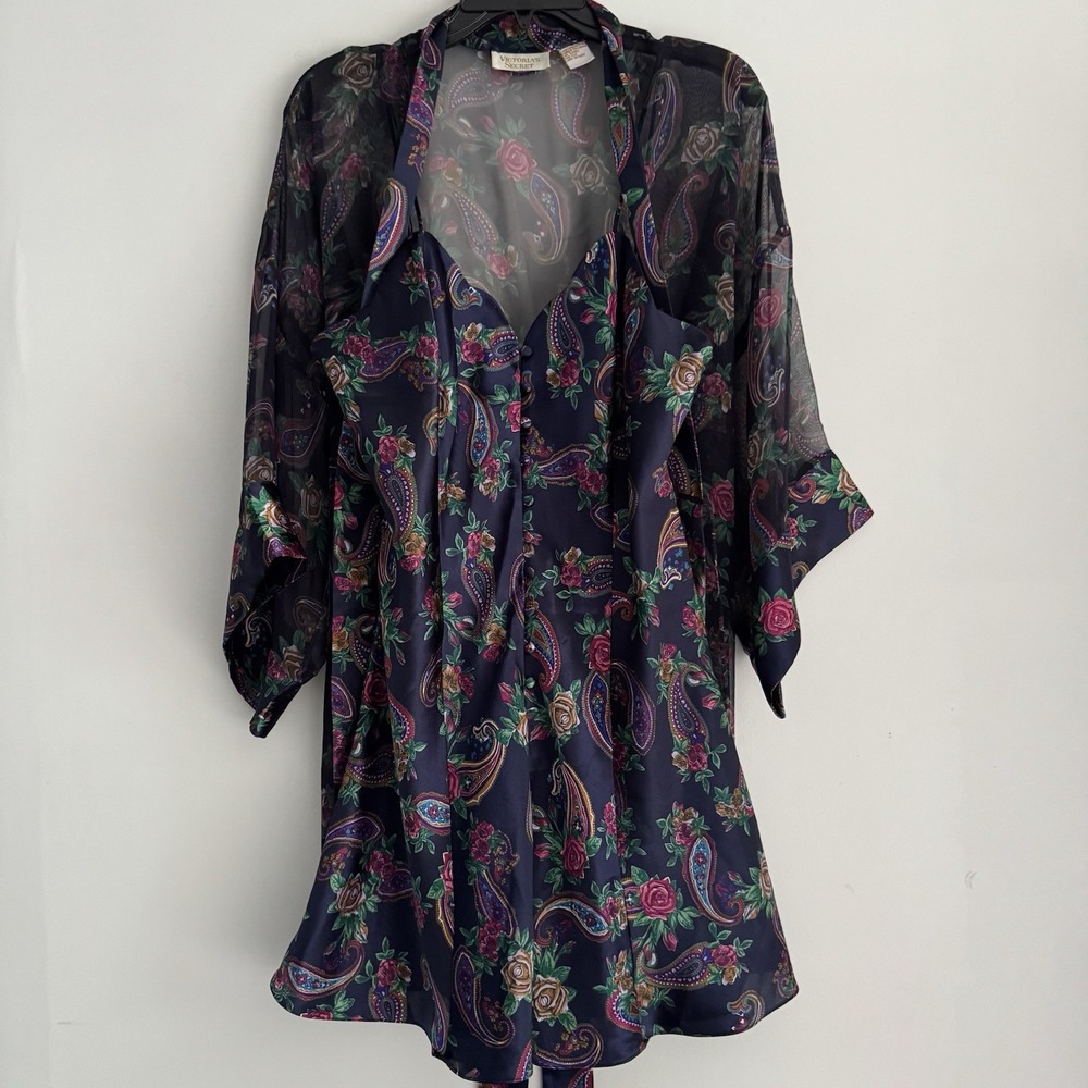 Vtg Victoria's Secret Gold Label Set Blue Paisley Sheer Kimono Satin Nightie L